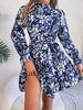 Elegant Mock Neck Belted Ruffle Hem Floral Print Dress For Spring & Fall, Women's Clothing