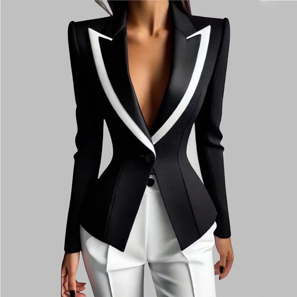 Colorblock Blazer for Women Turn down Collar Long Sleeves Blazer Single Button Slim Office Lady Outerwear Coat