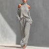 Boho Women's Two Piece Outfit Cold Shoulder Hollow Out Turtleneck Knit Sweater and High Waist Wide Leg Pants Casual Matching Set