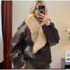 Ladies Winter Retro Fur Collar Leather Jacket V‑Neck Full Lapel Long Sleeve Double Breasted Urban Warm Casual Outer