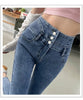 Women's High Waist Stretch Jeans Blue Black Gray and Versatile Multi-button Slim Denim Long Pants Female