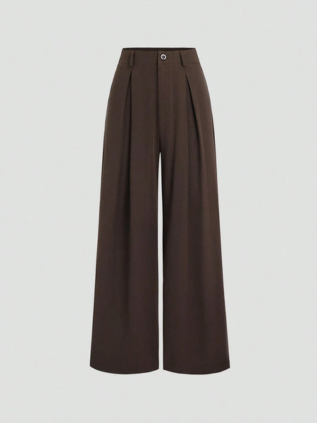 Women's Elegant Jacquard Pleating Wide-Leg Pants Office/Commuting Solid Color Loose Casual Suit Pants, Autumn/Winter