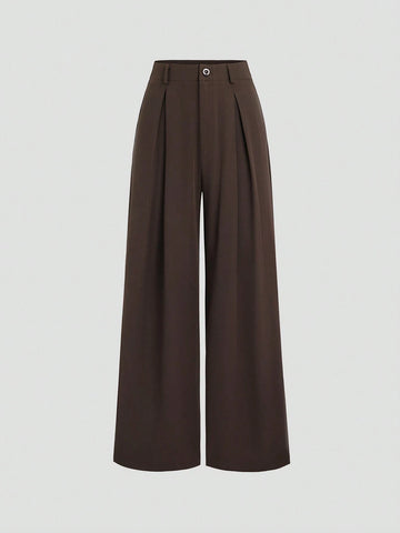 Women's Elegant Jacquard Pleating Wide-Leg Pants Office/Commuting Solid Color Loose Casual Suit Pants, Autumn/Winter