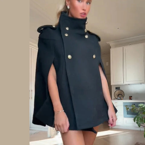 Elegant Women Cropped Cape Coat Stand Collar Epaulet Double Breasted Cloak Jacket Fall Winter British Style Daily Commute Outfit