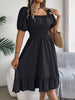 Solid Puff Sleeve Square Neck Ruched Bust Ruffle Hem Wasit Dress, Women's Clothing
