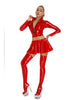 Women Glossy 2-piece PU Leather Club Outfits Long Sleeve Front Zipper Crop Jacket and Pleated Miniskirt Set for Pole Dance Raves