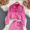 Denim 2 Piece Sets Jacket Skirt Women Suit Long Skirts Outerwear Outfits Single Breasted Pockets Washed Coat Ensemble