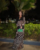 Women Zebra Stripe Long Dress Elegant Lace Up Full Sleeve Slim-fit Robes Evening Party Lady Vestidos