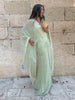 Elegant Green Lace V Neck Maxi Dress Women Chic Full Flared Sleeve Pleated Slim Fit Layered Gown Evening Wedding Guest Robe