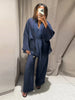 Casual Women Shirt Pant Set V-Neck Lace Up Loose Long Sleeve Top Wide Leg Trousers Suit Spring Autumn Chic Lady Outfits