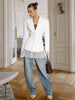 One Button Lace Blazer Women Black Slim V-neck Full Sleeve Shoulder Pads Jacket Fall Office Lady All-match Outwear