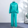 Loose Glossy Satin Solid Sports Jacket Pants Sets Women Stand Zipper Long Sleeve Coats Drawstring Wide Leg Pant Spring Suit