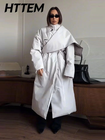 Elegant Lace-Up Cotton Coats Women Detachable Shawl Stand Collar Thicken Lady Long Coat Autumn Winter Warm Female Tops