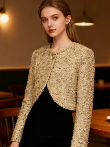Tweed Style Metallic Thread Jacket Gold Cropped Length Chic Elegant Long Sleeve Autumn Women Outerwear Party Jacket