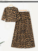 Leopard Print 2 Pieces Sets Woman Street Puff Sleeve Short Tops Wide Leg Pants 2pcs Suits Outfits OL Pant Sets