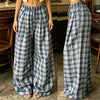 Women Vintage Aesthetic Casual Plaid Print Barrel Pants Drawstring Elastic Waist Loose Straight Pants with Pockets Streetwear