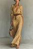 Women's Solid Holiday Party Dress Elegant Lapel Button Draped Long Dress Casual Long Sleeve Match With Belt Shirt Dress
