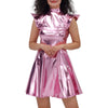 Women Metallic Shiny Dress Holographic Solid Color Turtleneck Pleated Dress Carnival Costume Gold Silver Rave Dress Outfits