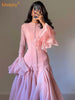 Women's Irregular Pleated Patchwork Long Flare Sleeve Waist Cinching Midi Dresses Female Clothing