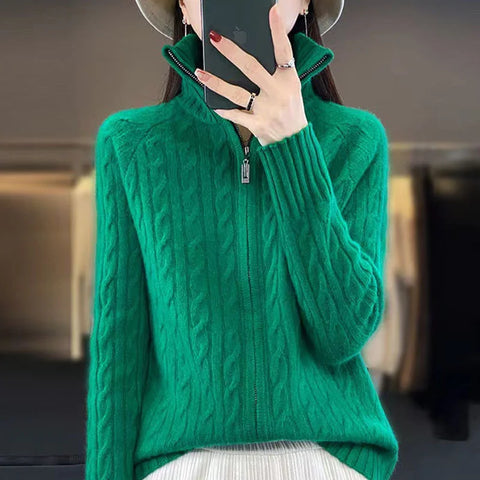 Autumn winter Turtleneck Cardigan Jacket Women Twist zipper Sweater knit Loose Coat Ladies Casual Knitwear