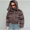 Solid Hooded Cropped Puffer Jacket Women Stand Collar Snap Button Loose Long Sleeve Jackets Winter Casual Warm Padded Coat