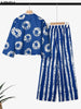 5XL Vonda Plus Size 2 Piece Outfits Autumn Women Bohemian 3/4 Sleeve Shirts Wide Leg Pants Print Vintage Pant Sets 2PCS