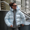 Women Solid Hooded Glossy Padded Jacket Long Sleeve Stand Zipper Fluffy Warm Coat Autumn Winter Chic Casual Street Jackets