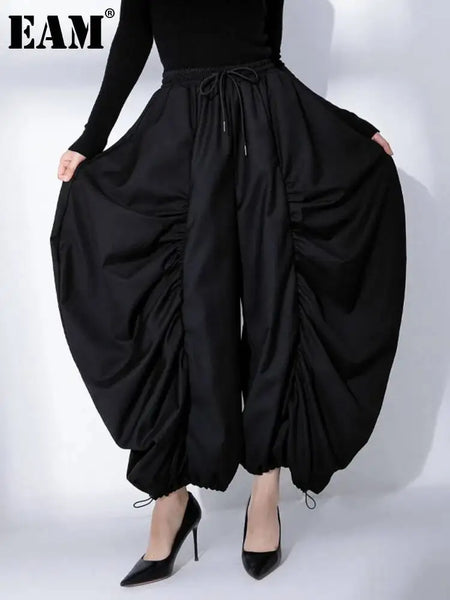 High Elastic Waist Black Wide Leg Arc Ankle Length Pants Loose Trousers Women Tide Autumn 31A0014