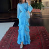 Woman Sexy O Neck Layered Ruffles Long Dresses Elegant Solid High Waist Chiffon Party Dresses Autumn Long Sleeve Slim Boho Dress