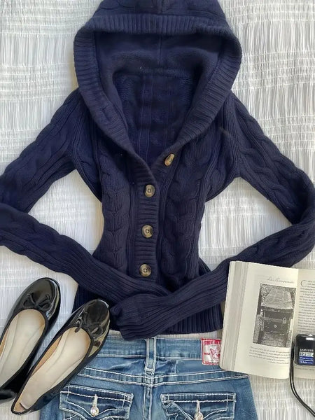 Spring Autumn Slim Jacket Women Hooded Knit Cropped Cardigan Design Sweater Warm Coat Long Sleeve Short Tops Knitted Cardigan