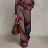 Women's Bohemian Paisley Print Two-Piece Set Lapel Neck Long Sleeve Blouse Top Wide Leg Pants Casual Loose Suit for Vacation
