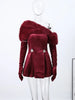Fur Paneled Off-Shoulder Rhinestone Mini Dress Burgundy Velvet Pleated Evening Elegant Women Dresses Party Chic Lady Gown
