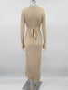 Lace-Up Female Knit Maxi Dress Autumn High Waist Patchwork Long Sleeve Loose Solid Dress Bandage Knitwear Dress
