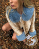 Women Deer Print Faux Fur Cropped Coats Blue Contrast Lapel Cuff Button Up Fluffy Warm Coat Winter Casual Chic Wear