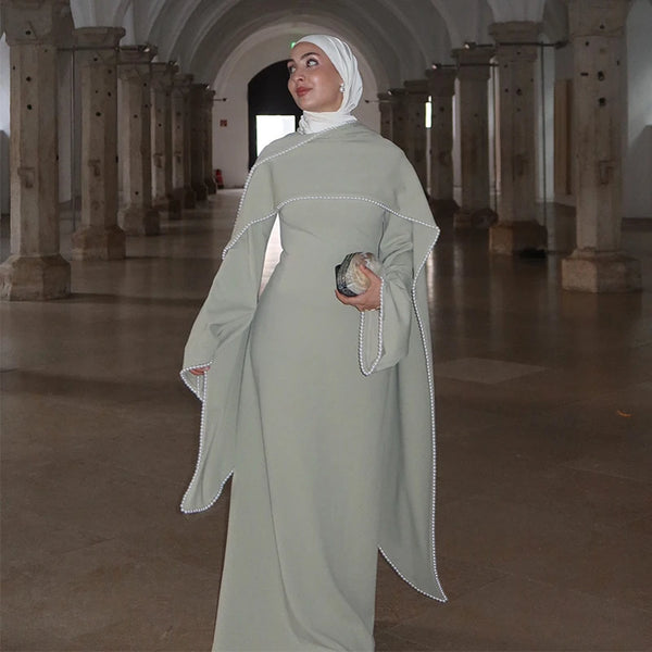 White Pearl Trim Cape Maxi Dress Women Elegant Long Sleeve Cinched Waist Muslim Robes Spring Eid Abaya Lady Dresses