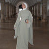 White Pearl Trim Cape Maxi Dress Women Elegant Long Sleeve Cinched Waist Muslim Robes Spring Eid Abaya Lady Dresses