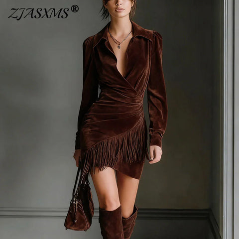 Spring Retro Imitation Suede Tassels Party Dress Woman Sexy Lapel Draped Irregular Dress Autumn Long Sleeve Slim Mini Dress