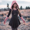 Plus Size Retro Dress, Women's Plus Warm Contrasting Colors Long Sleeve Asymmetrical Hem Slight Stretch Hooded Dress