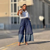 Women High Waist Patchwork Wide Leg Denim Trousers Jeans Retro Casual Elastic Waist High Street Pockets Loose Jeans