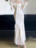 Aoaiiys French Dress Women's V-Neck 3D Floral Lace Splicing Slim Long Dress Elegant Long Sleeve White Dresses Spring Autumn
