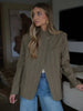 Women Khaki Striped Oversized Blazer Asymmetrical Button Closure Tailored Lapel Collar Structured Coat Minimalist Urban Outfits