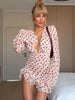 Women Elegant Flora Painted Ruffle Mini Dress Chic Full Sleeve Deep V-neck Slim A-line Dresses Lady Vacation Street Gowns