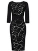 Women Elegant Business V Notch Neck 3/4 Sleeve Autumn Office Work Knee Length Bodycon Dress Geometric Print Patchwork Slim Fit