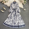 Spring Auutmn Elegant Long Dress Women Turn Down Collar Print A-line Party Dresses Vintage Long Sleeve Floral Long Robe Vestidos