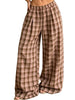 Women Vintage Aesthetic Casual Plaid Print Barrel Pants Drawstring Elastic Waist Loose Straight Pants with Pockets Streetwear