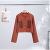 Suede Knit Patchwork Short Jacket Stand Collar Gold Single Button Long Sleeve Coat Female Spring Casual Daily Streetwear