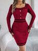 Autumn Winter Casual Elegant Square Collar Button Decoration Knitted Dress Long Sleeve Bodycon Dress for Women