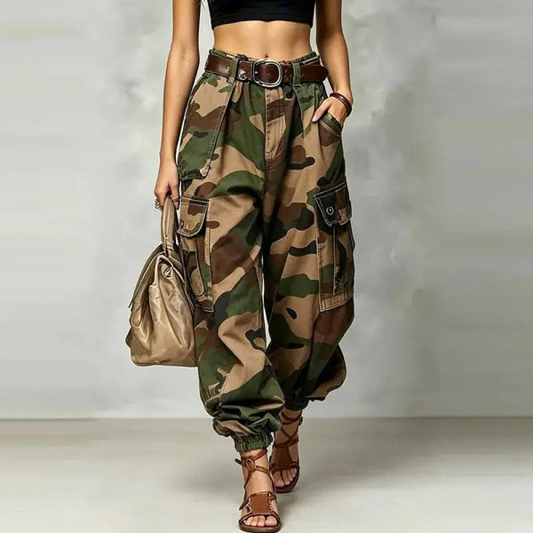 Camouflage Cargo Pants For Women Casual High Waist Loose Tightened Nine-point Pants Women's Multiple Pockets Harem Pants
