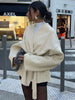 Collarless Belt Jacket Coat Lace-up Minimalism Beige Gentle Short Woolen Overcoat Waist Cinching Women Autumn Winter Overcoat