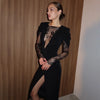 Eelgant Lace Women's Dress Patchwork Long Sleeves Autumn Party Slim Fit Sheath Velvet Sexy Split Female Vestidos